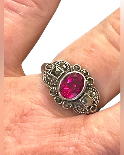 Sterling silver 925 Marcasite Simulated ruby crystal Fancy ring