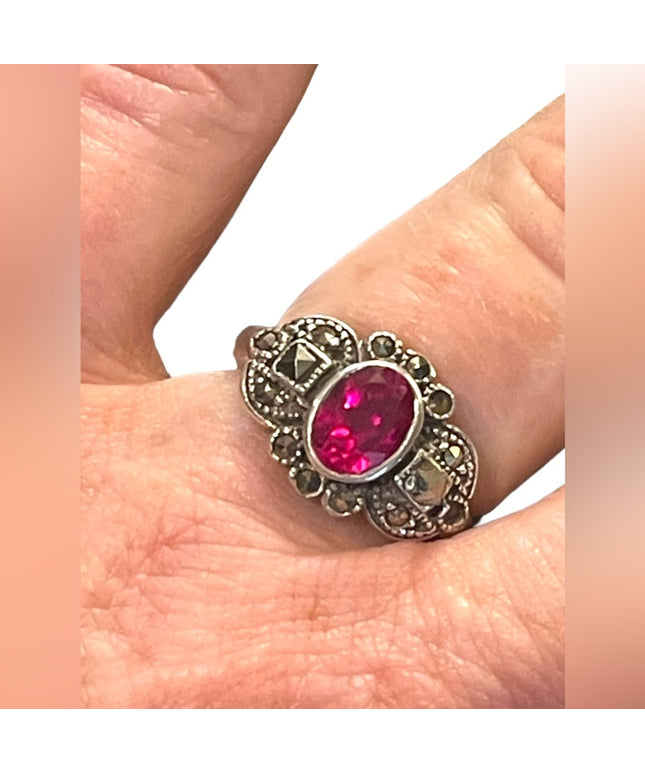 Sterling silver 925 Marcasite Simulated ruby crystal Fancy ring