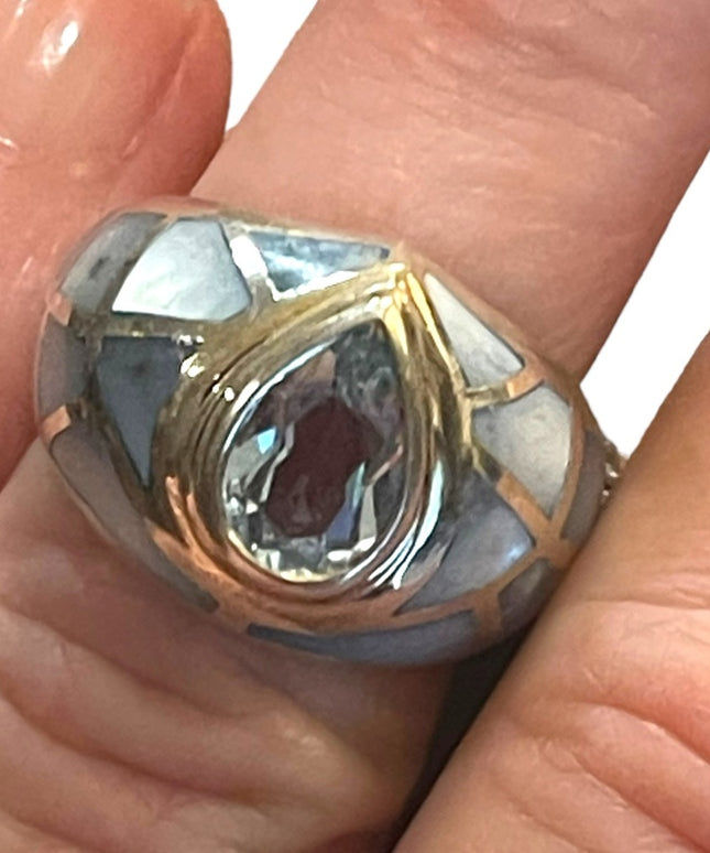 Sterling silver MOP 925 Topaz Mosaic fancy designer ring
