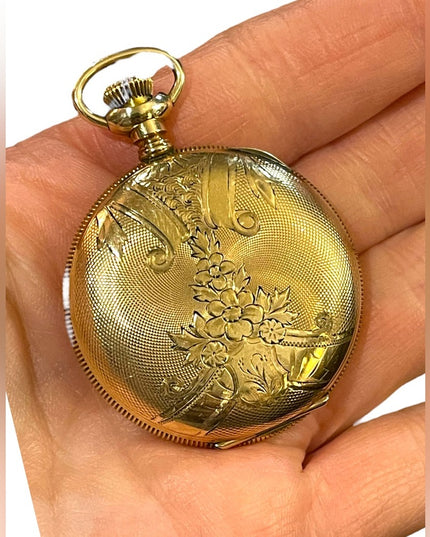 Antique 14k Gold filled REGINA by Omega Hunter pocket watch etched case