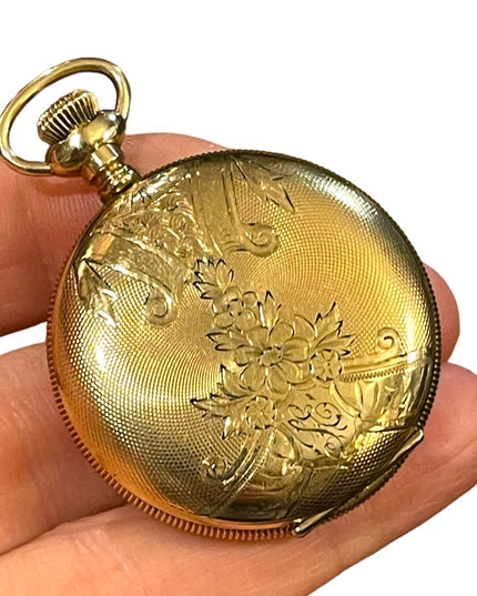 Antique 14k Gold filled REGINA by Omega Hunter pocket watch etched case