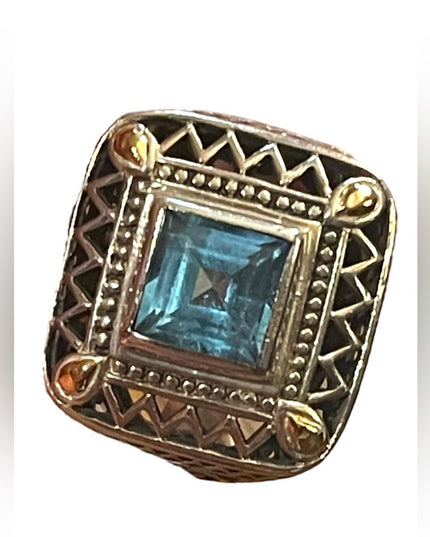 Sterling silver 925 fancy blue topaz glass chunky ring with ornate scrollwork