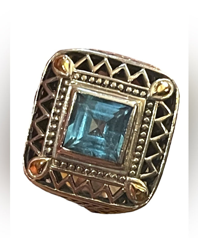 Sterling silver 925 fancy blue topaz glass chunky ring with ornate scrollwork