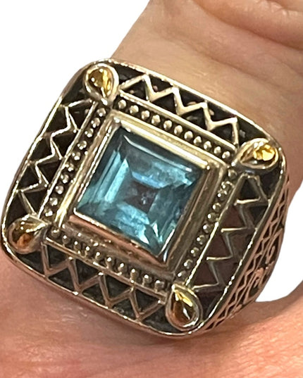 Sterling silver 925 fancy blue topaz glass chunky ring with ornate scrollwork
