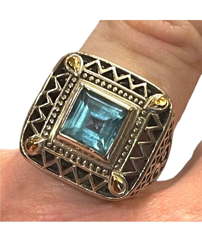 Sterling silver 925 fancy blue topaz glass chunky ring with ornate scrollwork
