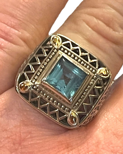 Sterling silver 925 fancy blue topaz glass chunky ring with ornate scrollwork