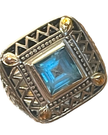 Sterling silver 925 fancy blue topaz glass chunky ring with ornate scrollwork