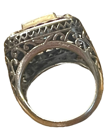 Sterling silver 925 fancy blue topaz glass chunky ring with ornate scrollwork