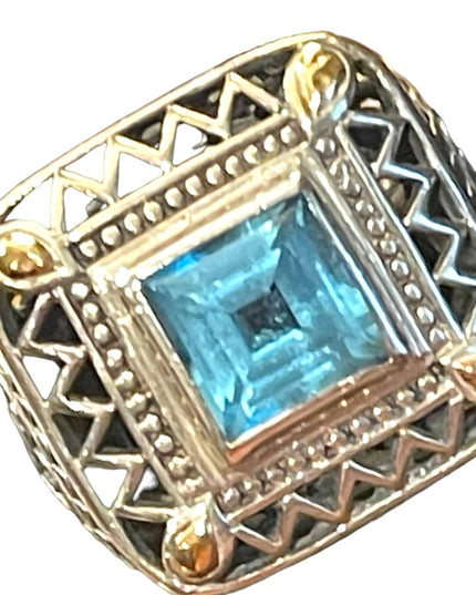 Sterling silver 925 fancy blue topaz glass chunky ring with ornate scrollwork