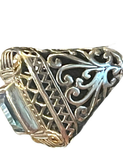 Sterling silver 925 fancy blue topaz glass chunky ring with ornate scrollwork