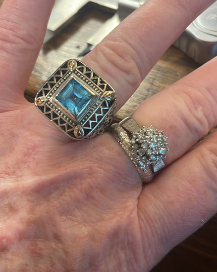 Sterling silver 925 fancy blue topaz glass chunky ring with ornate scrollwork