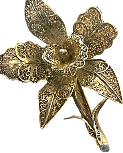 Vintage Lily Flower 835 Silver Filigree Brooch Pin appx 1940s antiqued