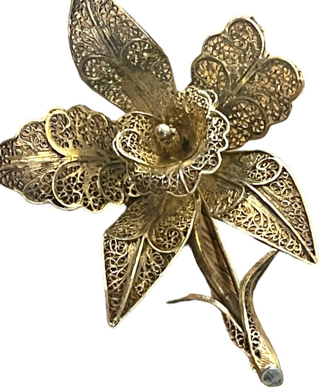 Vintage Lily Flower 835 Silver Filigree Brooch Pin appx 1940s antiqued