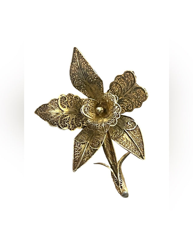 Vintage Lily Flower 835 Silver Filigree Brooch Pin appx 1940s antiqued