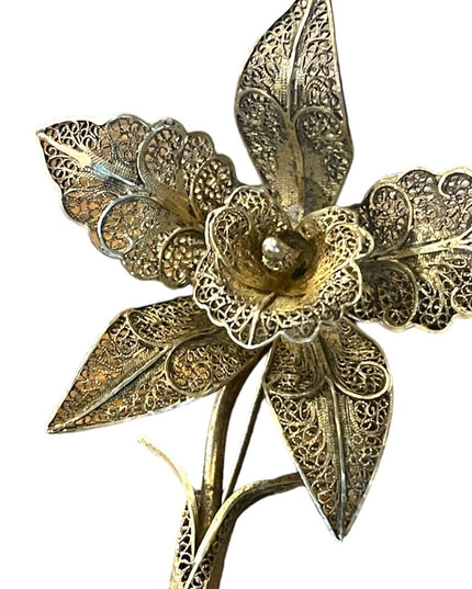Vintage Lily Flower 835 Silver Filigree Brooch Pin appx 1940s antiqued