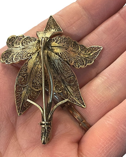 Vintage Lily Flower 835 Silver Filigree Brooch Pin appx 1940s antiqued