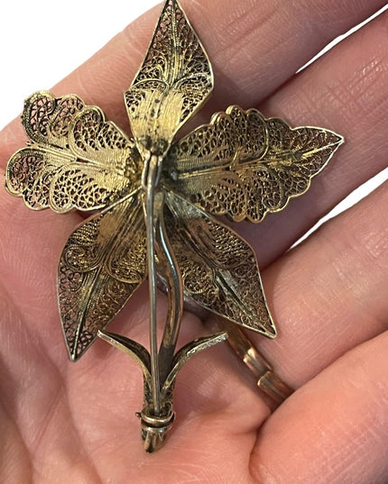 Vintage Lily Flower 835 Silver Filigree Brooch Pin appx 1940s antiqued