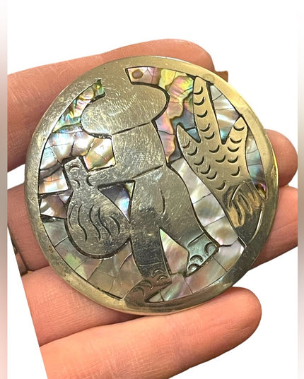 Vintage Large Abalone inlay Mexixo sterling? Mexican scene brooch pendant