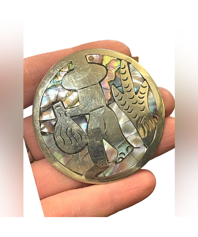 Vintage Large Abalone inlay Mexixo sterling? Mexican scene brooch pendant