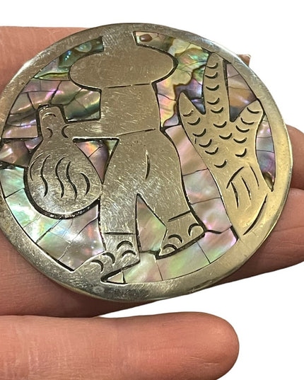 Vintage Large Abalone inlay Mexixo sterling? Mexican scene brooch pendant
