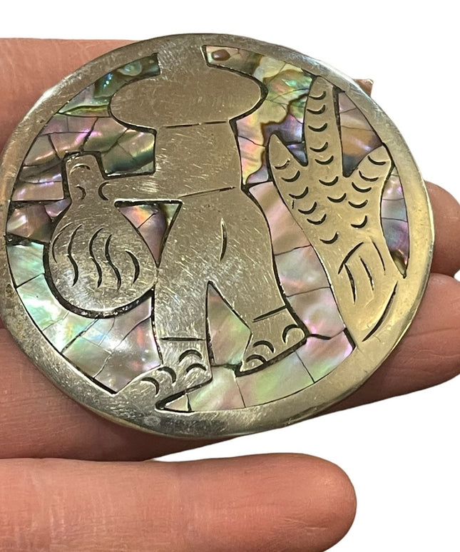 Vintage Large Abalone inlay Mexixo sterling? Mexican scene brooch pendant