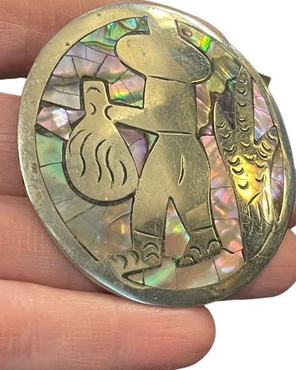 Vintage Large Abalone inlay Mexixo sterling? Mexican scene brooch pendant