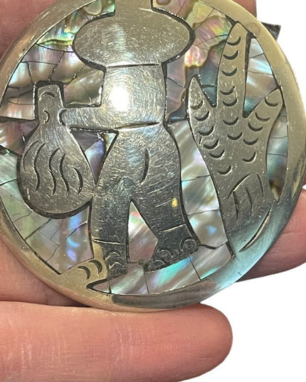 Vintage Large Abalone inlay Mexixo sterling? Mexican scene brooch pendant