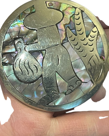 Vintage Large Abalone inlay Mexixo sterling? Mexican scene brooch pendant