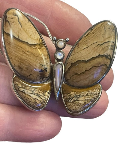 Lovely Butterfly Jasper Stone MOP Pearl Pendant Charm Sterling Silver 925 WK