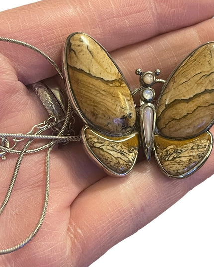Lovely Butterfly Jasper Stone MOP Pearl Pendant Charm Sterling Silver 925 WK