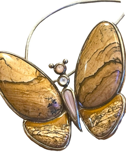 Lovely Butterfly Jasper Stone MOP Pearl Pendant Charm Sterling Silver 925 WK