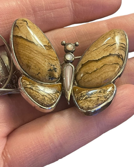 Lovely Butterfly Jasper Stone MOP Pearl Pendant Charm Sterling Silver 925 WK