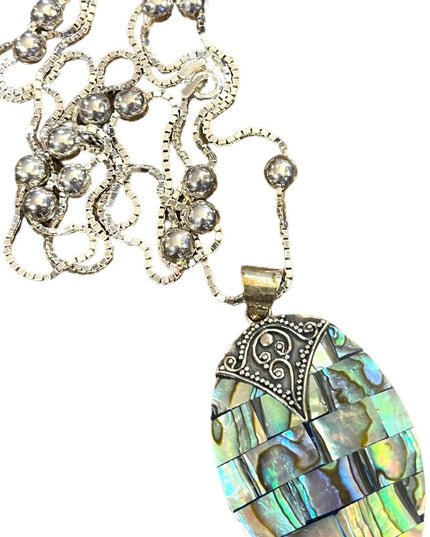 Balenisian Style Abalone Sterling silver pendant & LONG necklace sterling beads