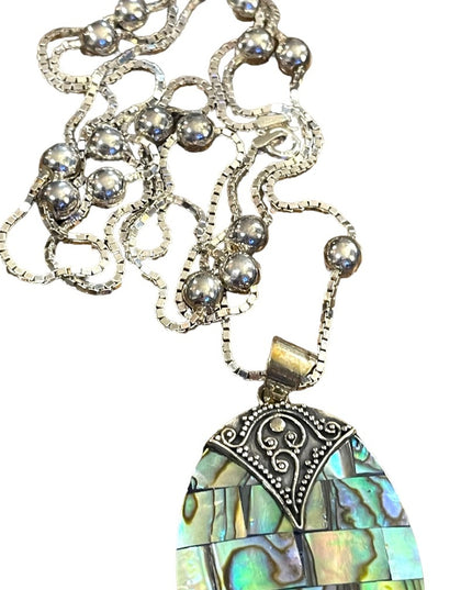 Balenisian Style Abalone Sterling silver pendant & LONG necklace sterling beads