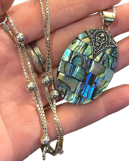 Balenisian Style Abalone Sterling silver pendant & LONG necklace sterling beads