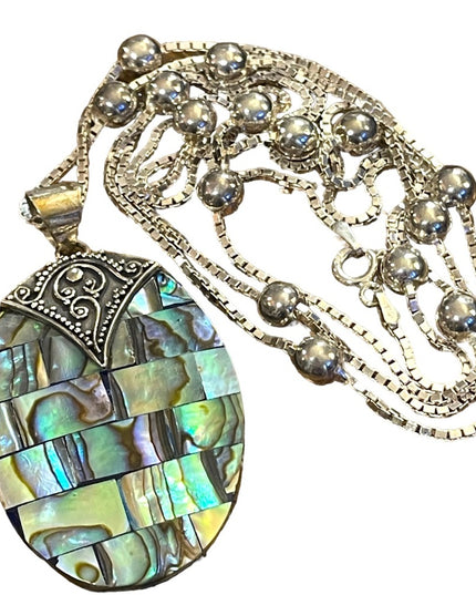 Balenisian Style Abalone Sterling silver pendant & LONG necklace sterling beads