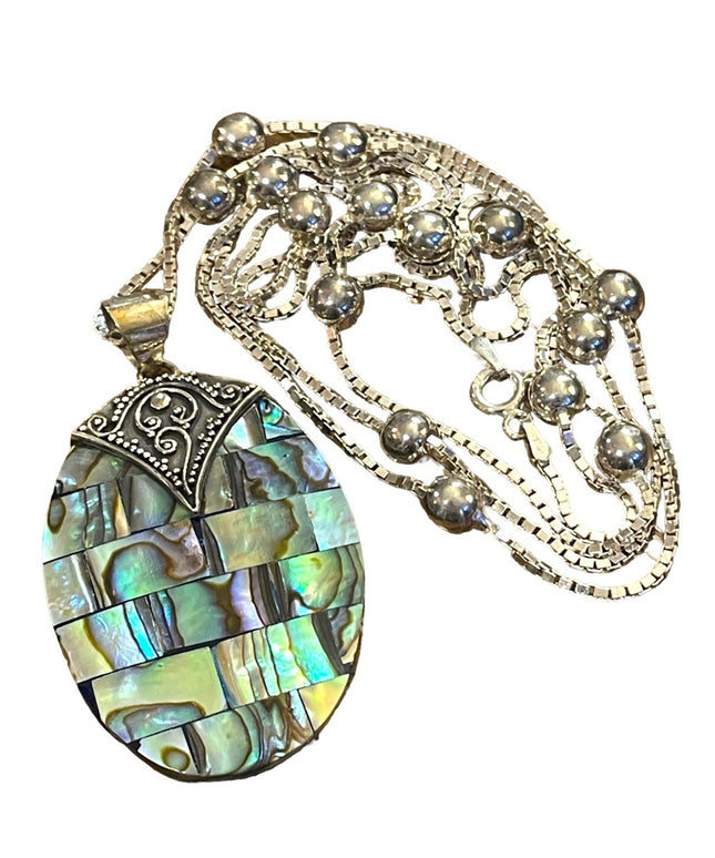 Balenisian Style Abalone Sterling silver pendant & LONG necklace sterling beads