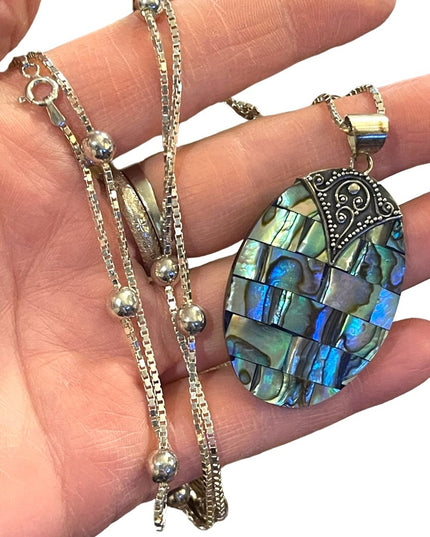 Balenisian Style Abalone Sterling silver pendant & LONG necklace sterling beads
