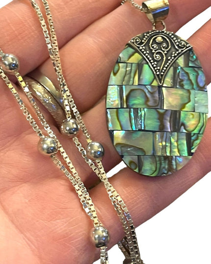 Balenisian Style Abalone Sterling silver pendant & LONG necklace sterling beads