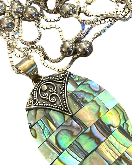 Balenisian Style Abalone Sterling silver pendant & LONG necklace sterling beads