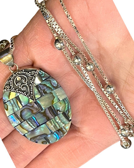 Balenisian Style Abalone Sterling silver pendant & LONG necklace sterling beads