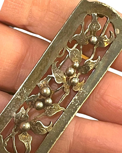 Victorian Sterling silver 925 Leaf flower etched bar brooch Antique