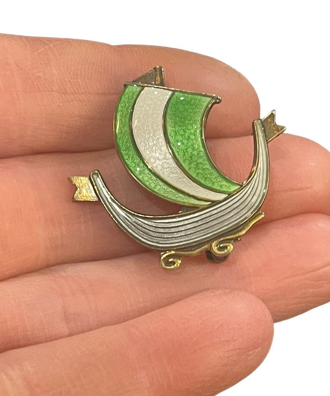 NORWAY DESIGNER AKSEL HOLMSEN STERLING SILVER GOLD ENAMEL VIKING SHIP PIN BROOCH