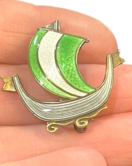 NORWAY DESIGNER AKSEL HOLMSEN STERLING SILVER GOLD ENAMEL VIKING SHIP PIN BROOCH