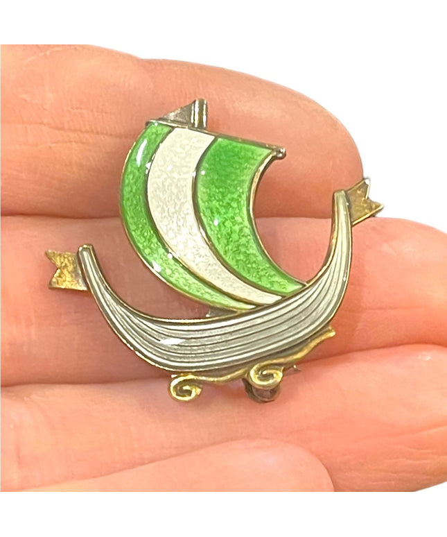 NORWAY DESIGNER AKSEL HOLMSEN STERLING SILVER GOLD ENAMEL VIKING SHIP PIN BROOCH