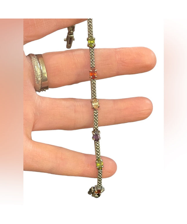 Vintage sterling silver marcasite multi color gem stone tennis bracelet