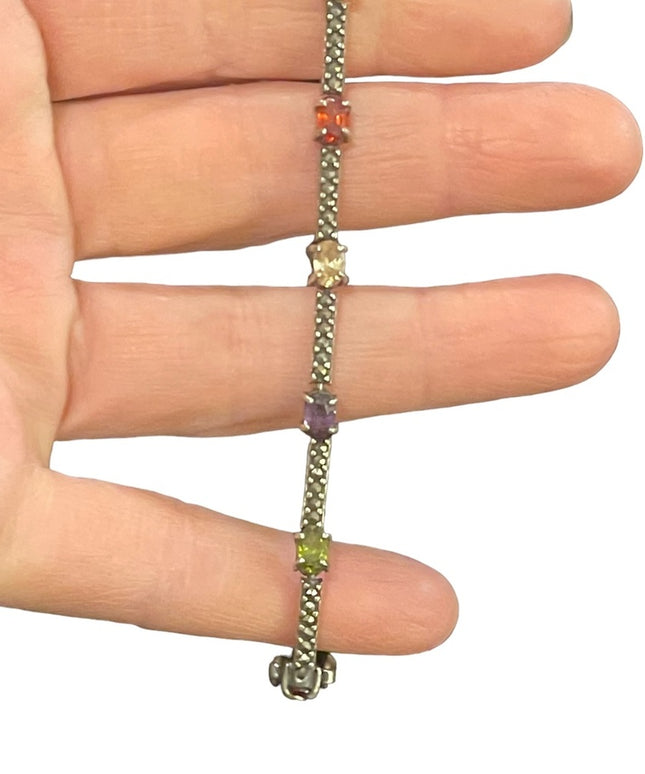 Vintage sterling silver marcasite multi color gem stone tennis bracelet