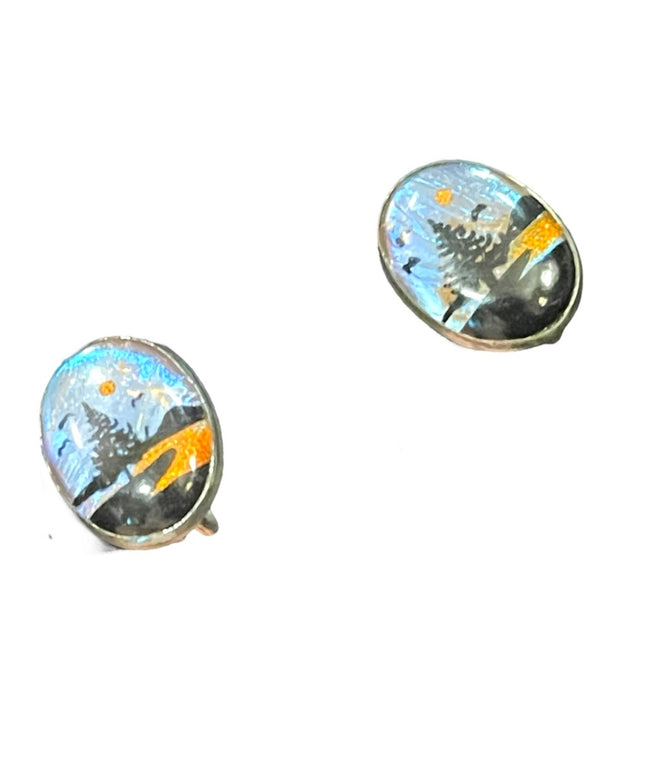 Vintage Colorful scenic Butterfly wing screw back earrings sterling silver 925