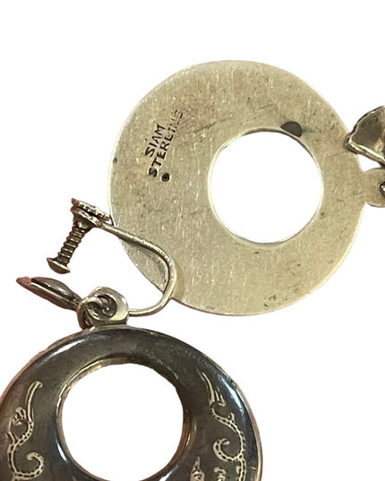 Vintage Siam Sterling 925 Black enameled round dangle goddess etched earrings
