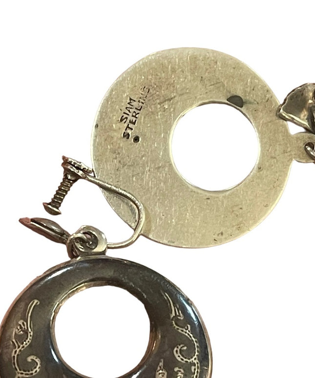 Vintage Siam Sterling 925 Black enameled round dangle goddess etched earrings